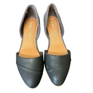 TOMS Jutti D'Orsay Flats Black Leather & Grey Chambray Canvas Size 7